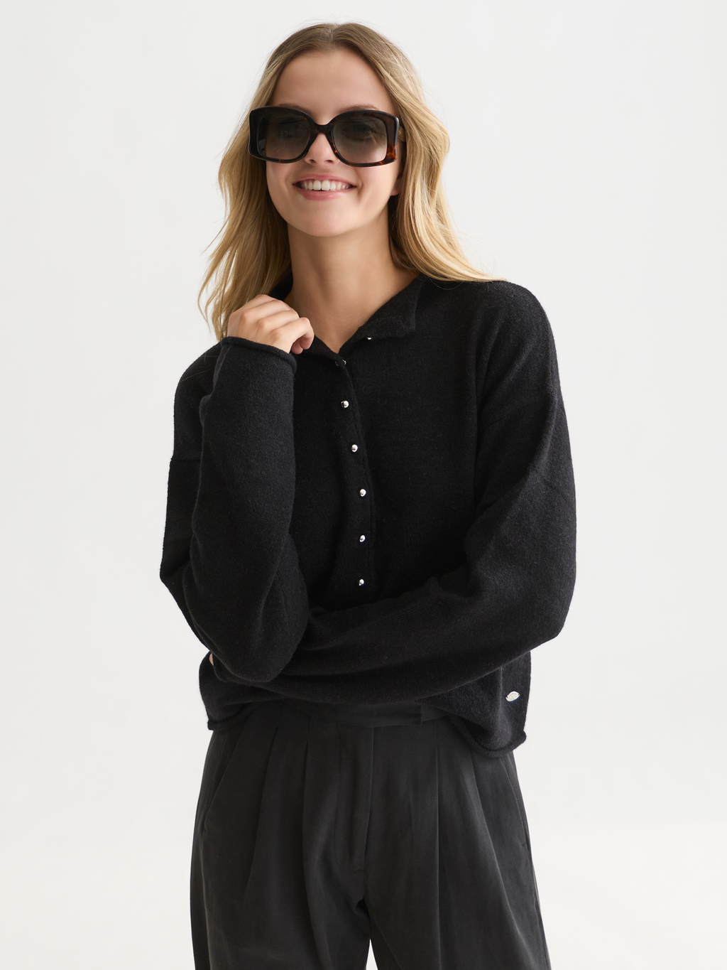 Fuzzy Funnel-Neck Cardigan