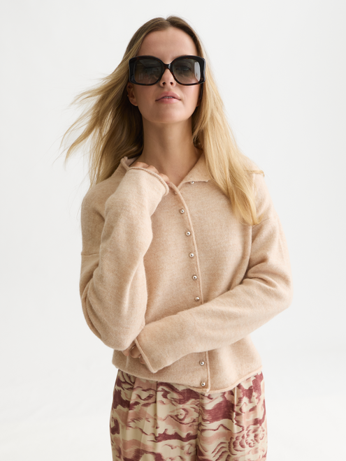 Fuzzy Funnel-Neck Cardigan