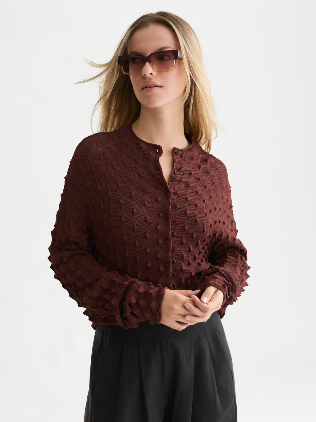 Textured Stitch Funnel-Neck Cardigan