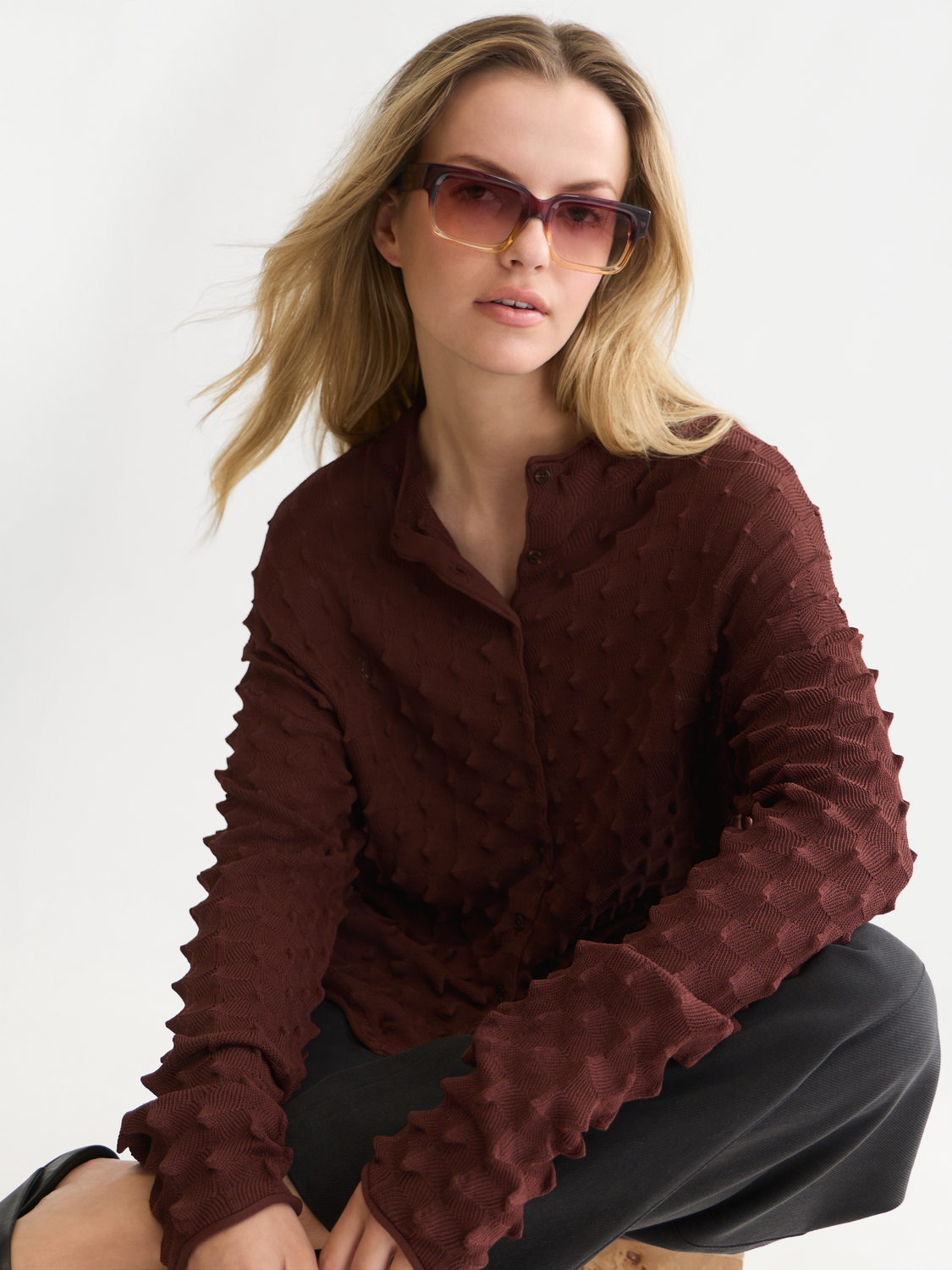 Textured Stitch Funnel-Neck Cardigan