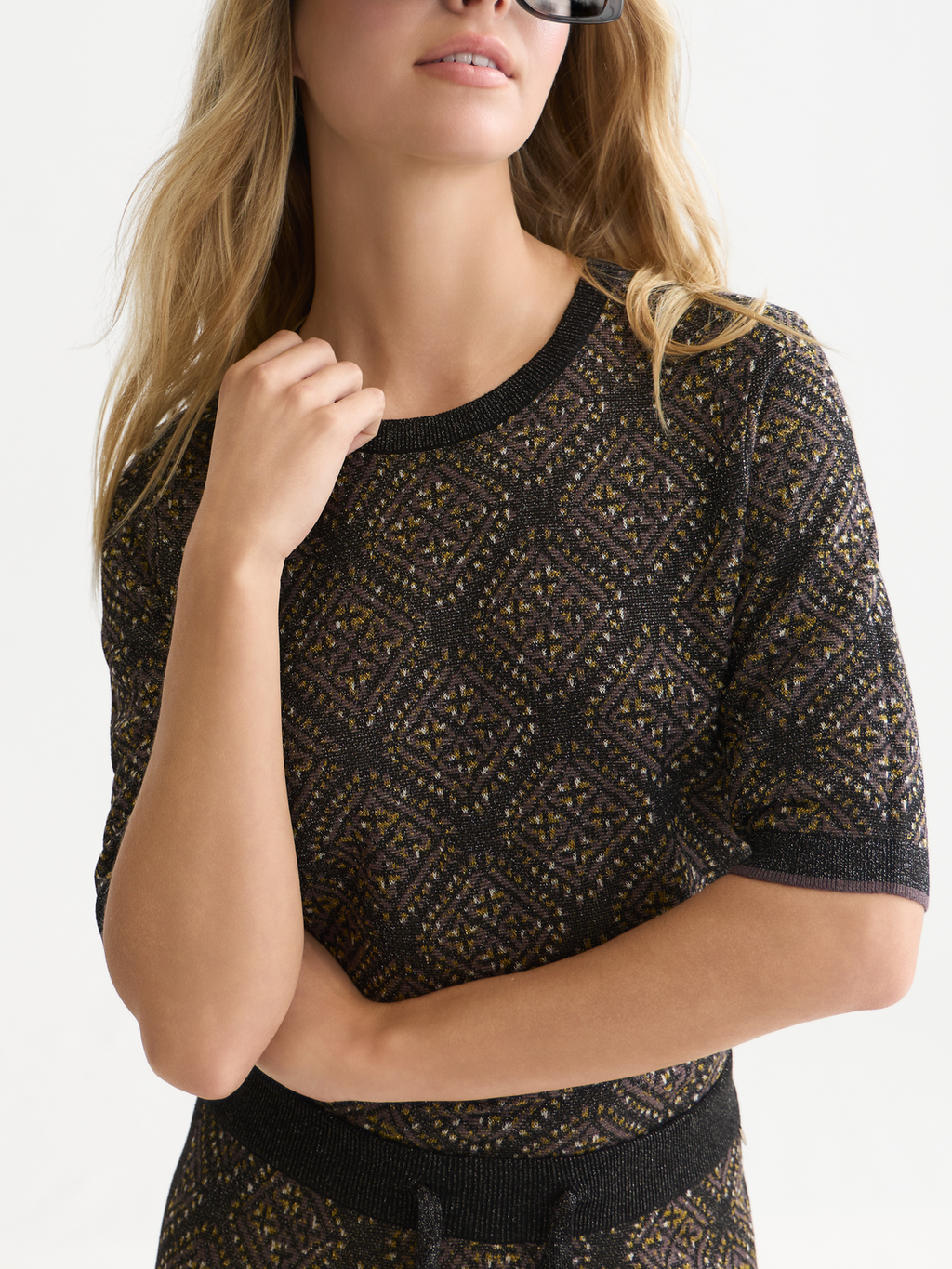 Short-Sleeve Jacquard Knit Pullover