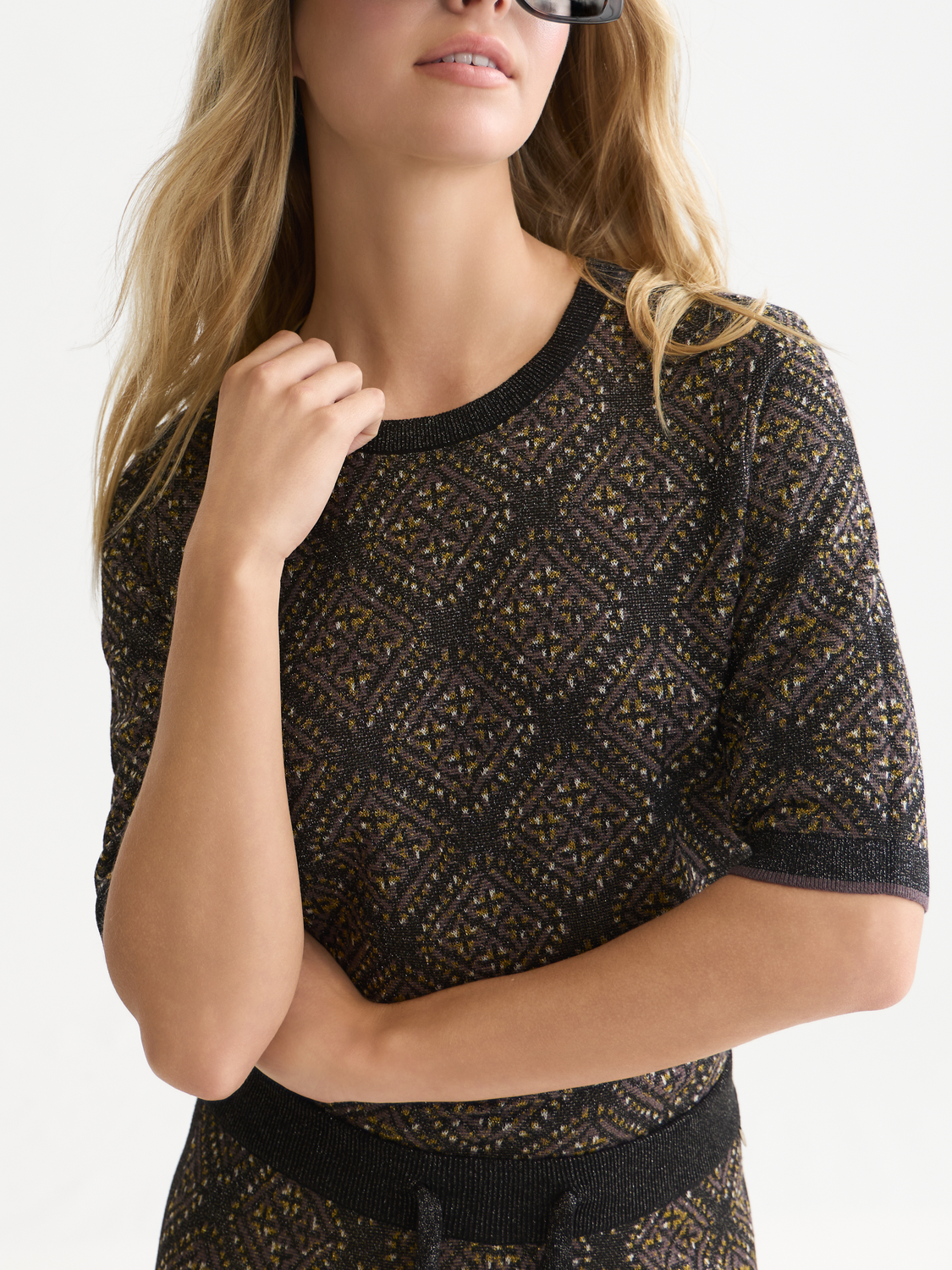 Short-Sleeve Jacquard Knit Pullover