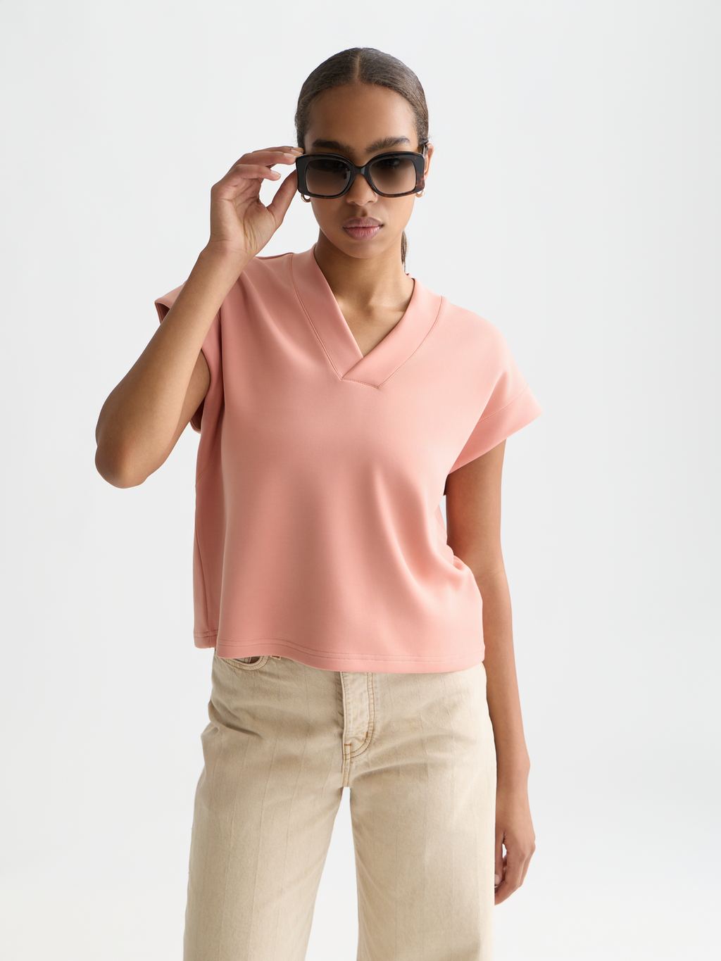 Tencel V-Neck Short-Sleeved Sweatshirt