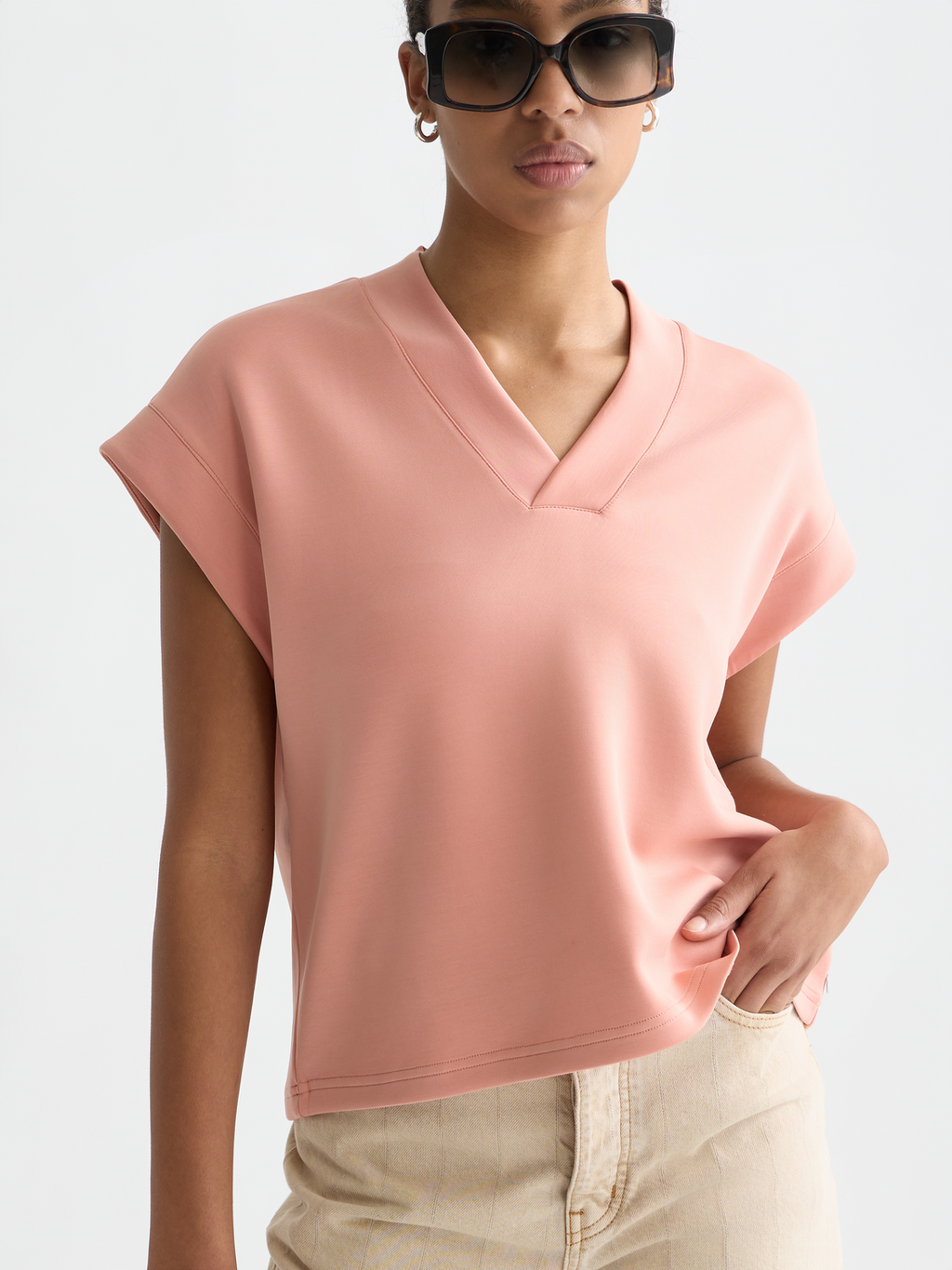 Tencel V-Neck Short-Sleeved Sweatshirt