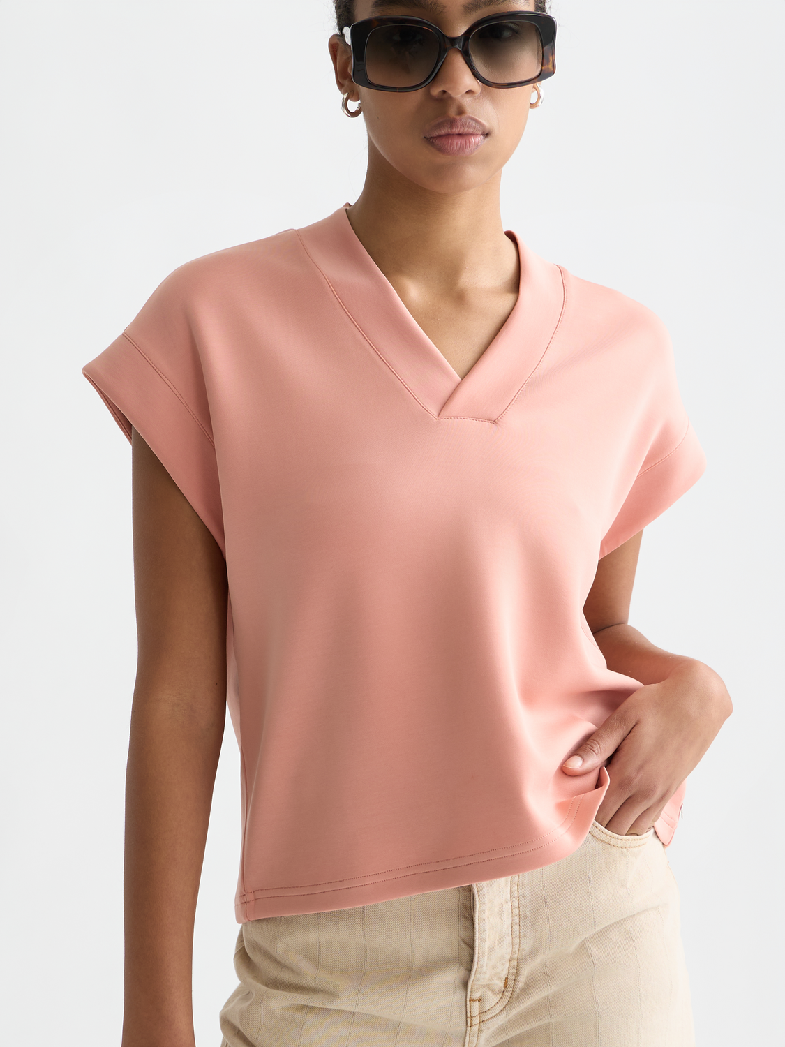 Tencel V-Neck Short-Sleeved Sweatshirt