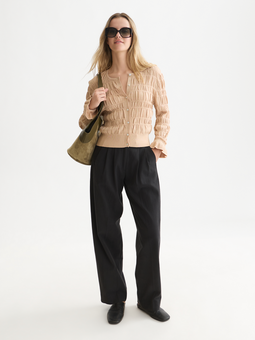 Smock Stitch Crew Neck Cardigan