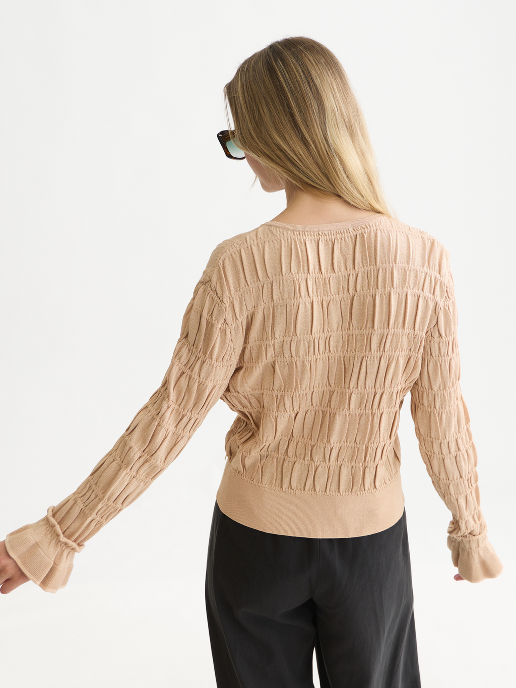 Smock Stitch Crew Neck Cardigan