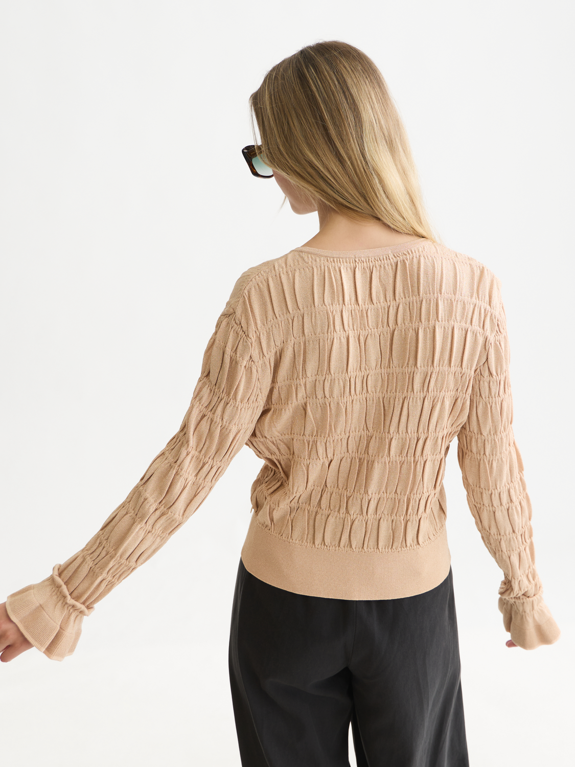 Smock Stitch Crew Neck Cardigan