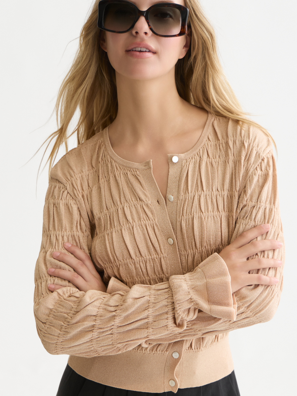 Smock Stitch Crew Neck Cardigan