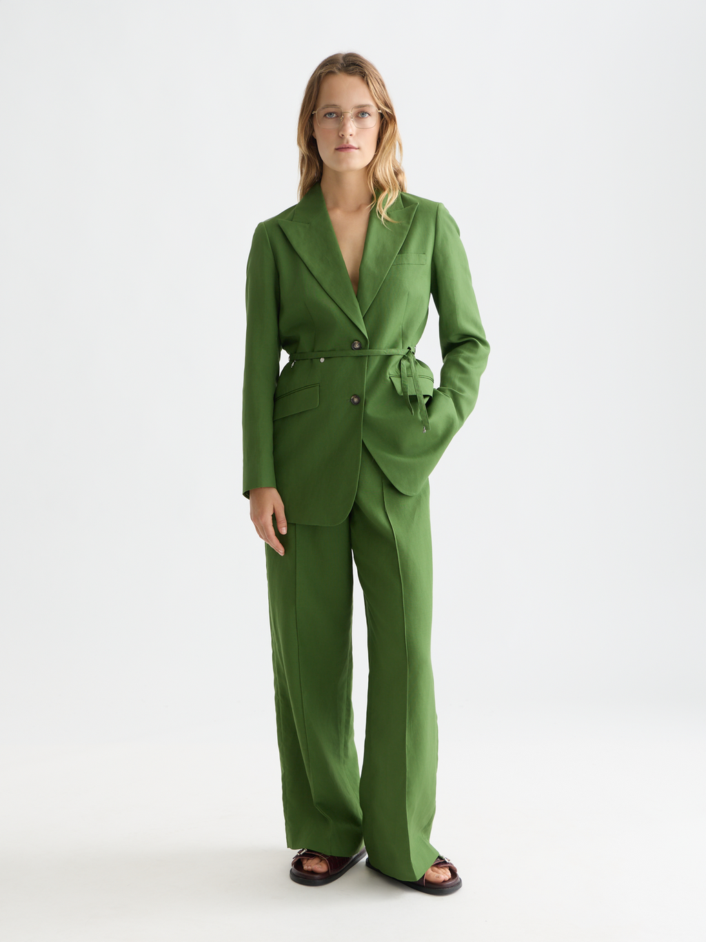 Linen Blend Blazer With Charm Belt