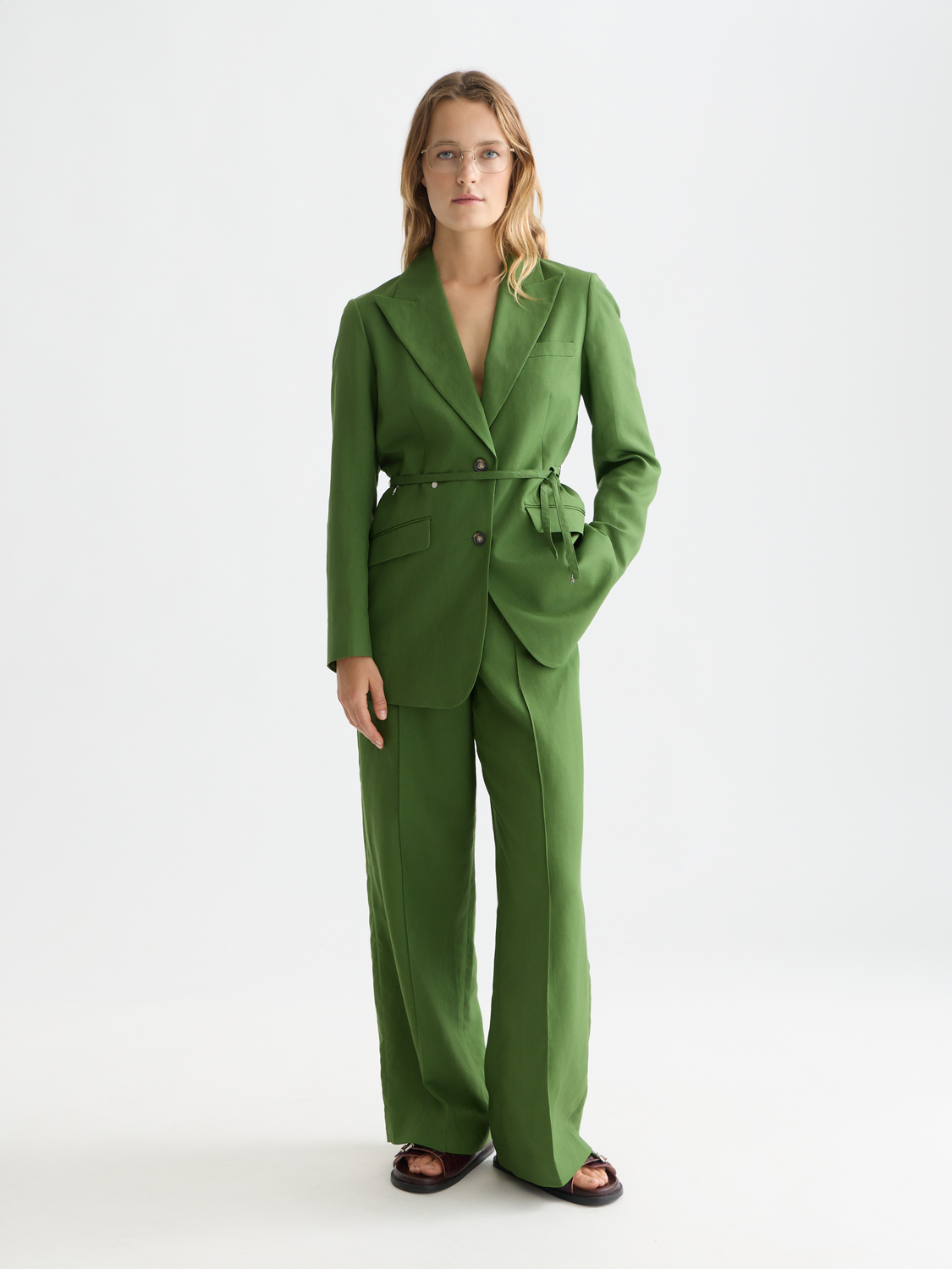 Linen Blend Blazer With Charm Belt