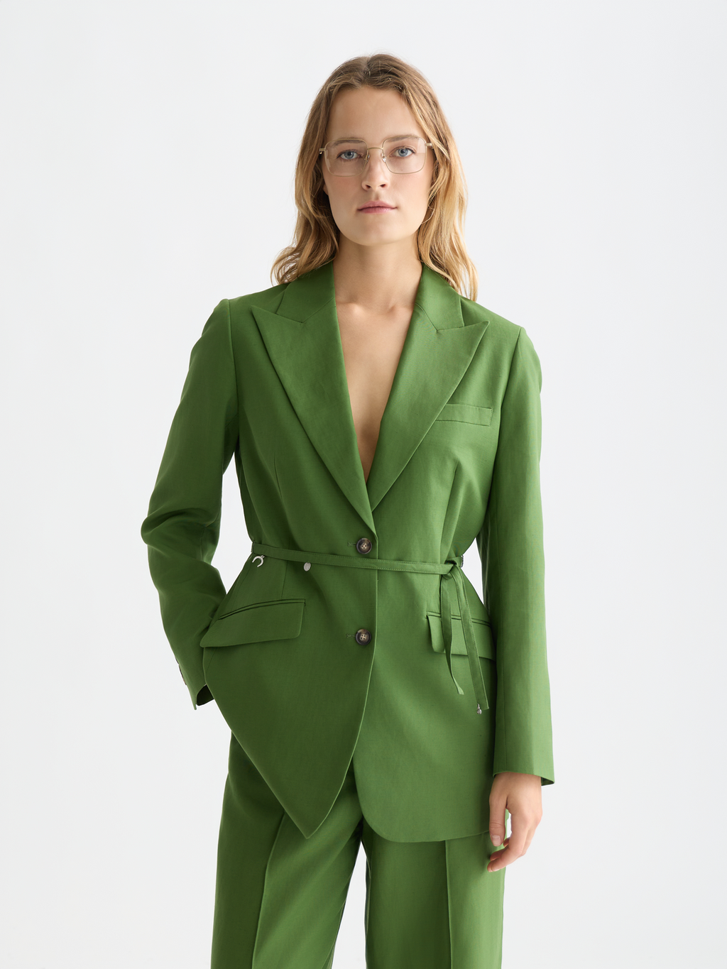 Linen Blend Blazer With Charm Belt