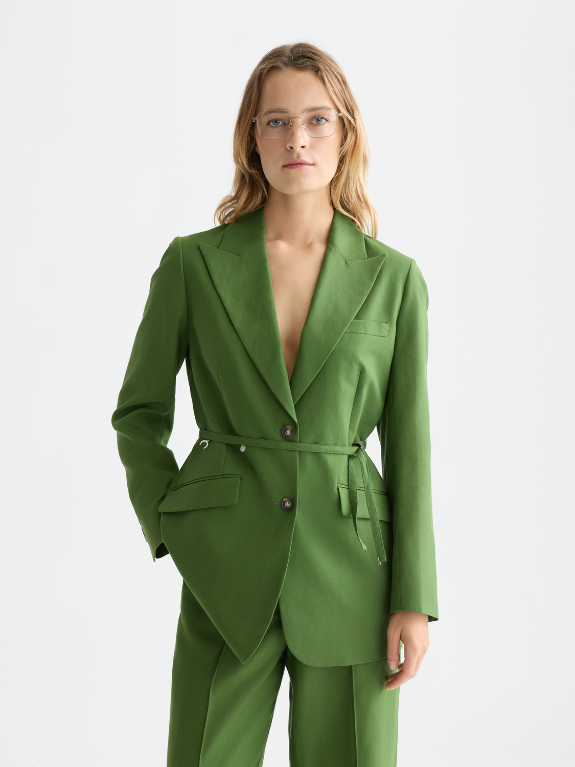 Linen Blend Blazer With Charm Belt