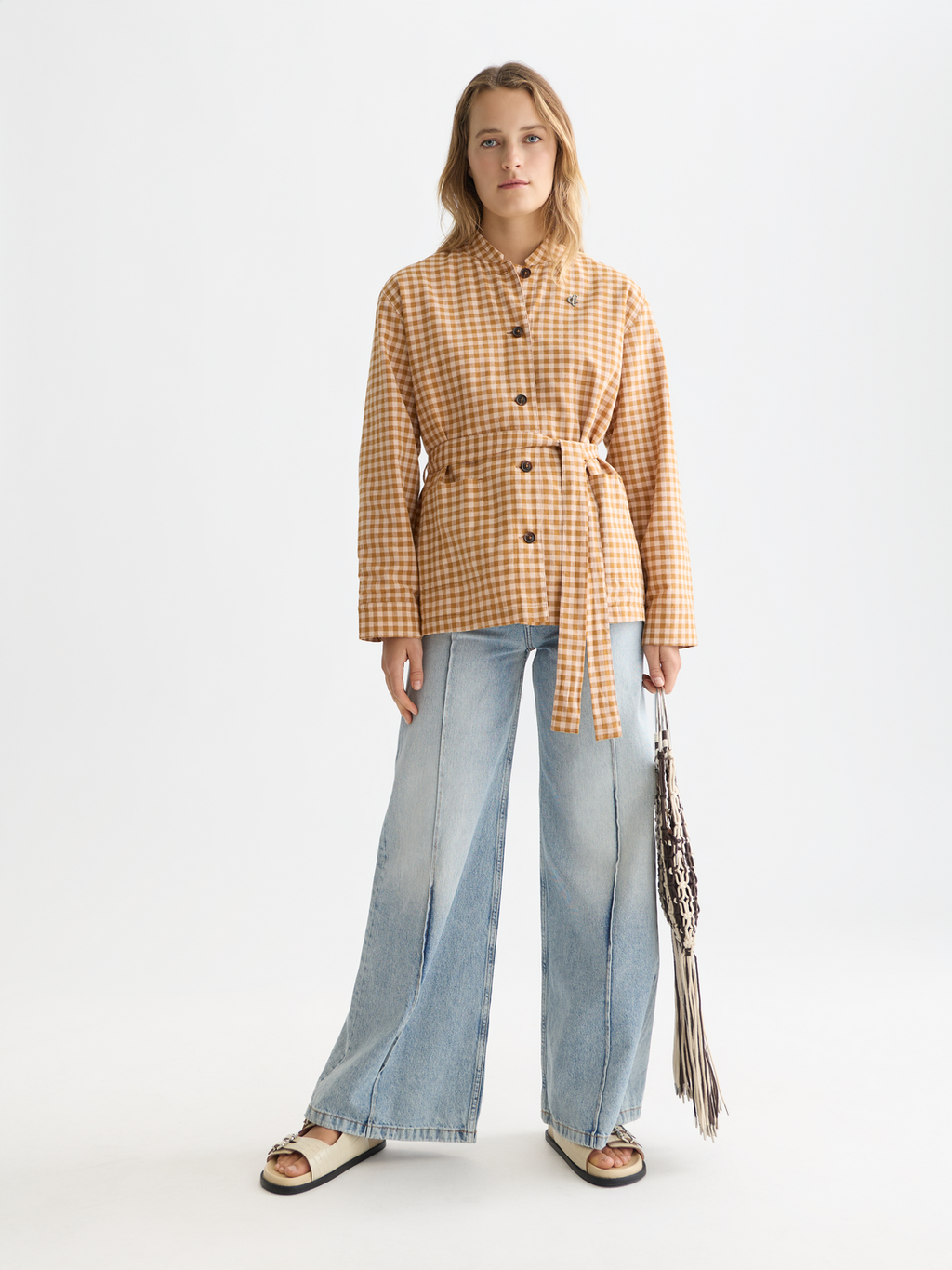 Linen Blend Gingham Belted Blazer
