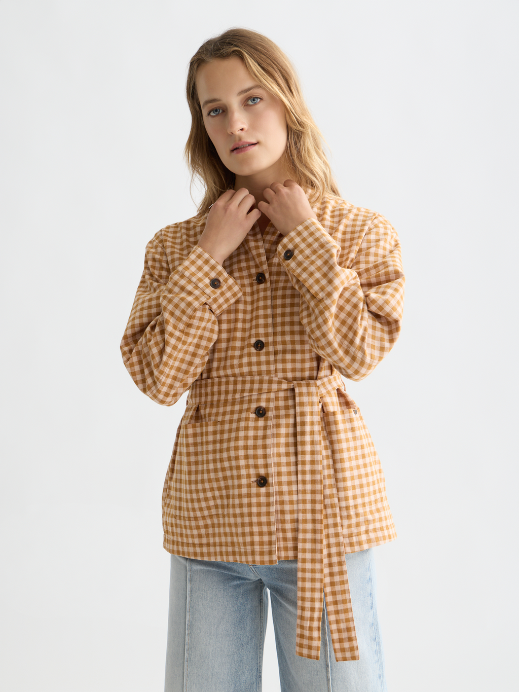 Linen Blend Gingham Belted Blazer