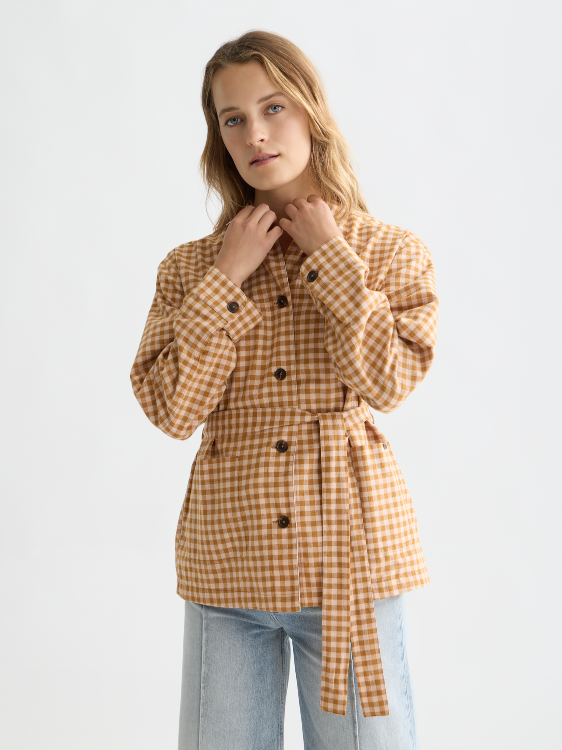 Linen Blend Gingham Belted Blazer