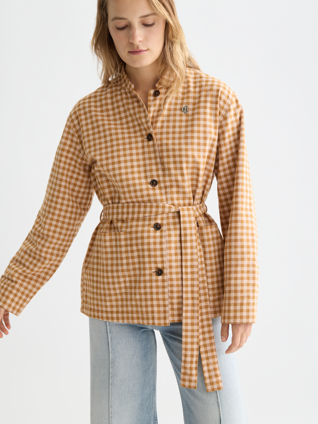 Linen Blend Gingham Belted Blazer