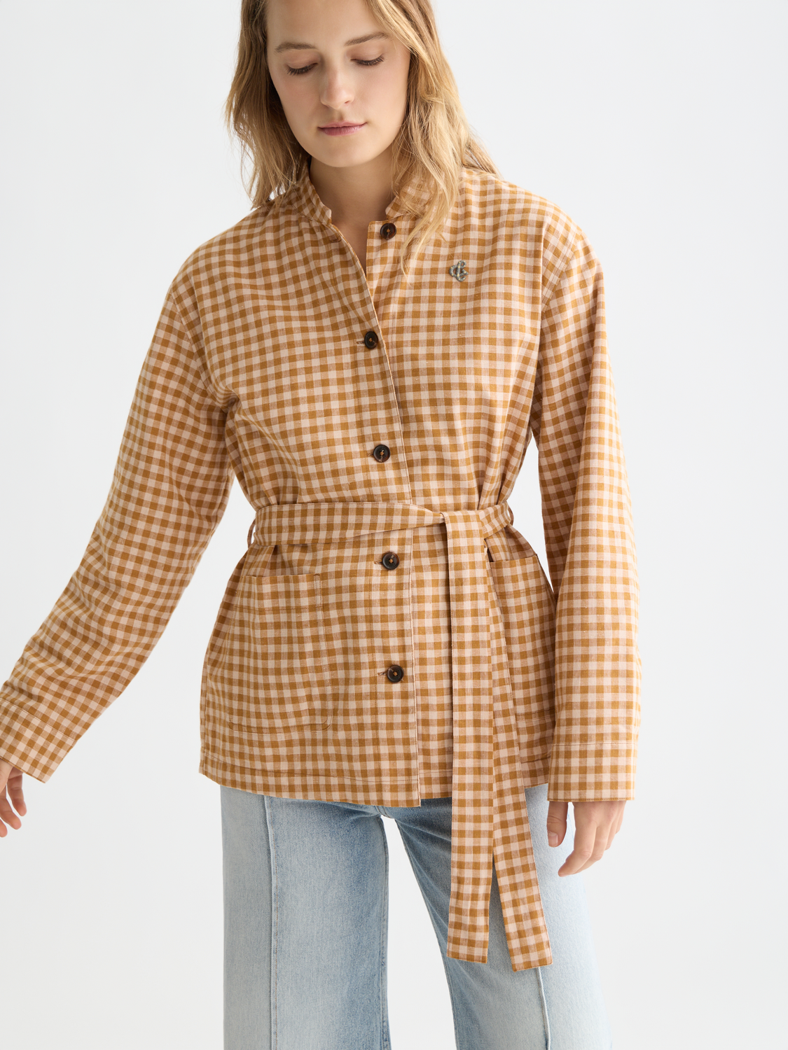 Linen Blend Gingham Belted Blazer