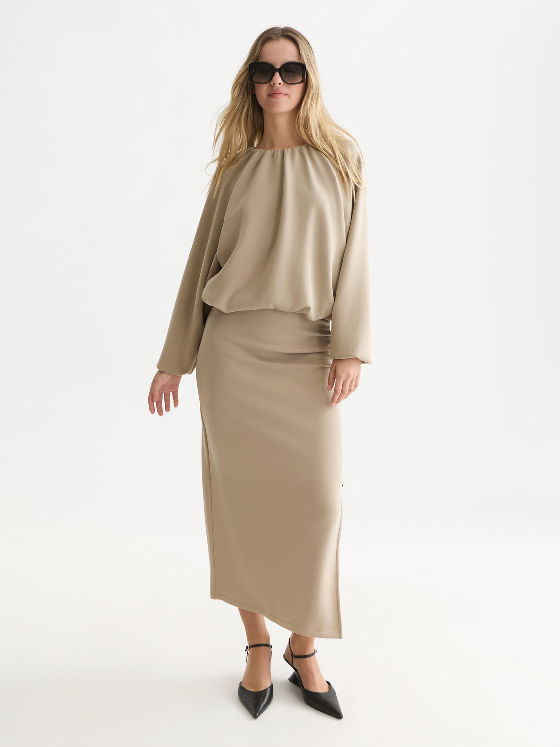 Draped Lyocell-Blend High-Waist Midi Skirt