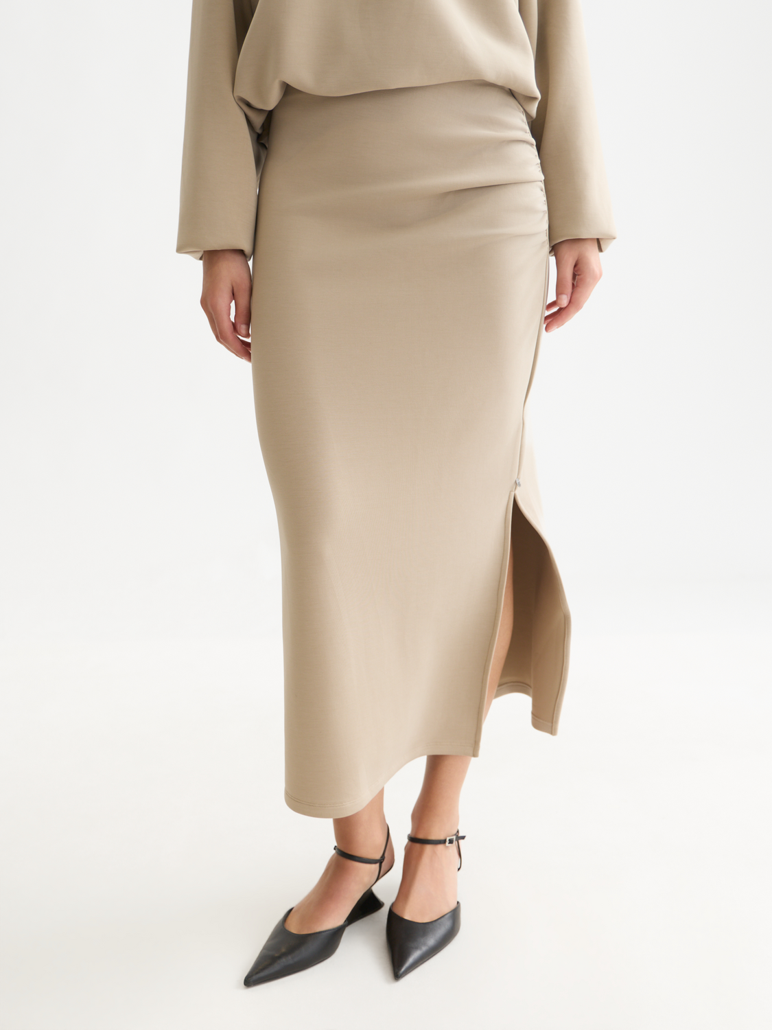 Draped Lyocell-Blend High-Waist Midi Skirt