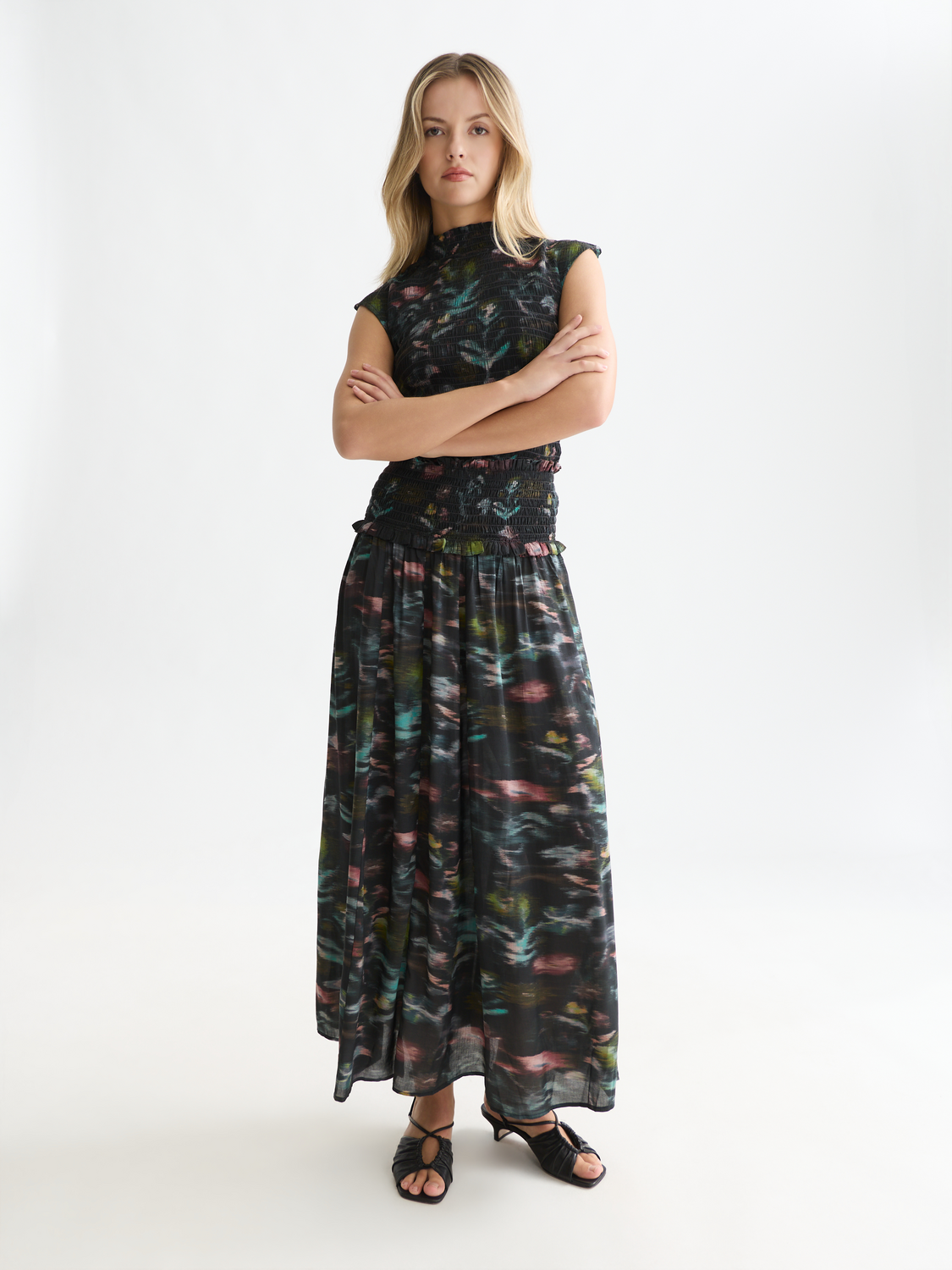 Printed Smocked Waist Ankle Length Skirt