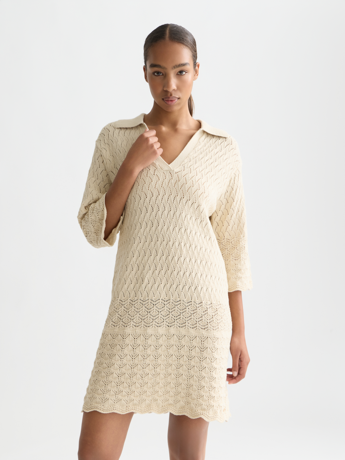 Pointelle Stitch Knitted Short Tunic Dress Fog / XL