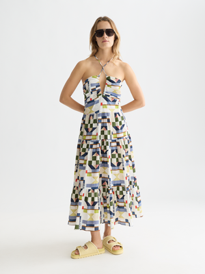 Cotton Seersucker Keyhole Halter Midi Dress