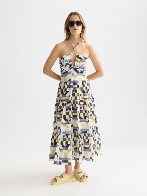 Cotton Seersucker Keyhole Halter Midi Dress