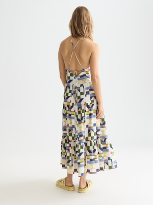 Cotton Seersucker Keyhole Halter Midi Dress
