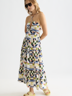 Cotton Seersucker Keyhole Halter Midi Dress