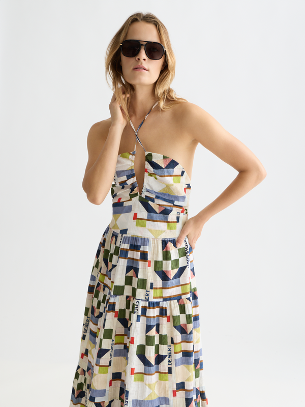 Cotton Seersucker Keyhole Halter Midi Dress