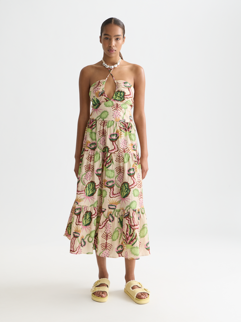 Midi-Neckholderkleid aus Baumwoll-Seersucker mit Schlüssellochausschnitt