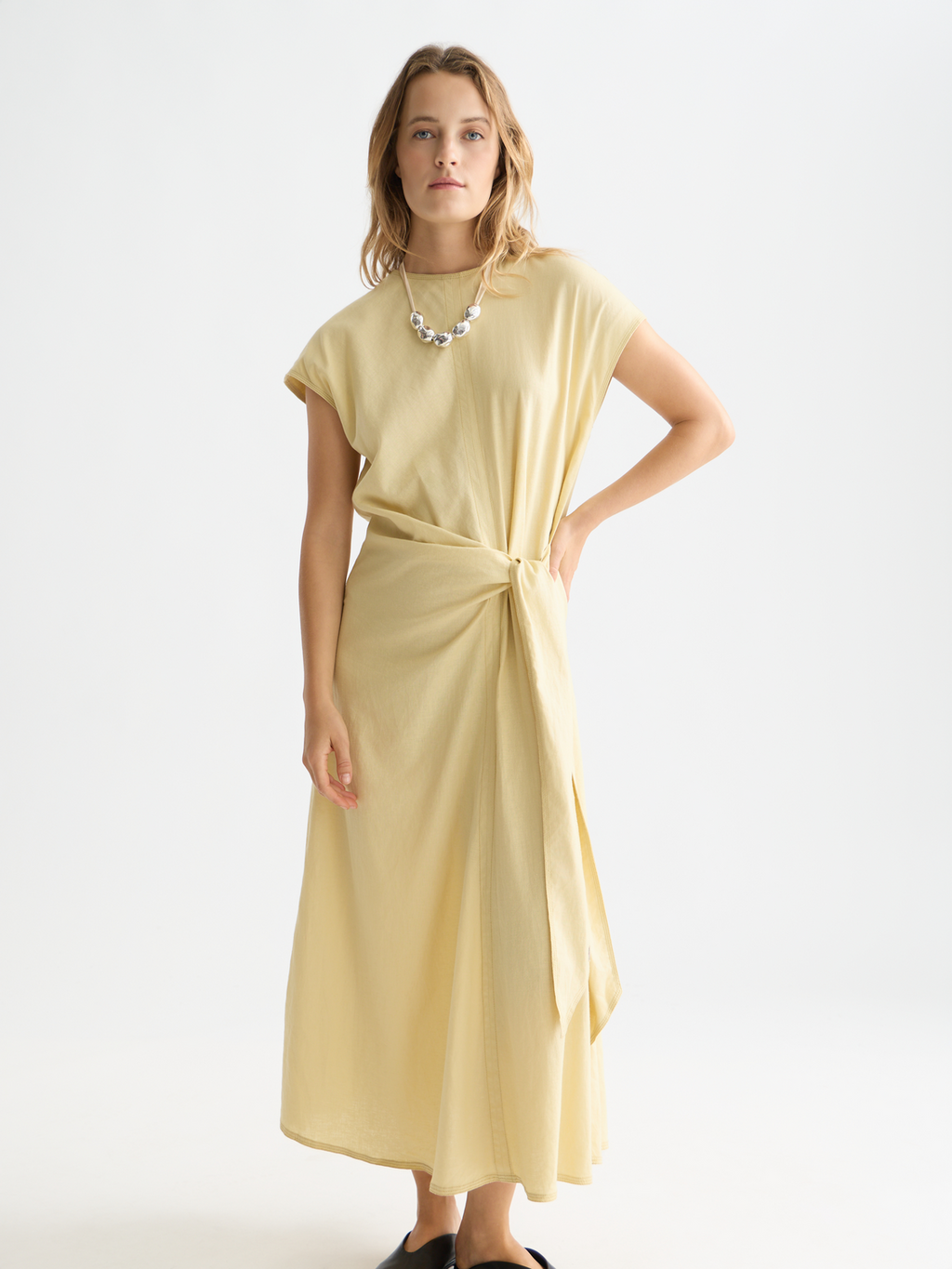 Relaxed Linen Blend Ankle Length Tie Dress