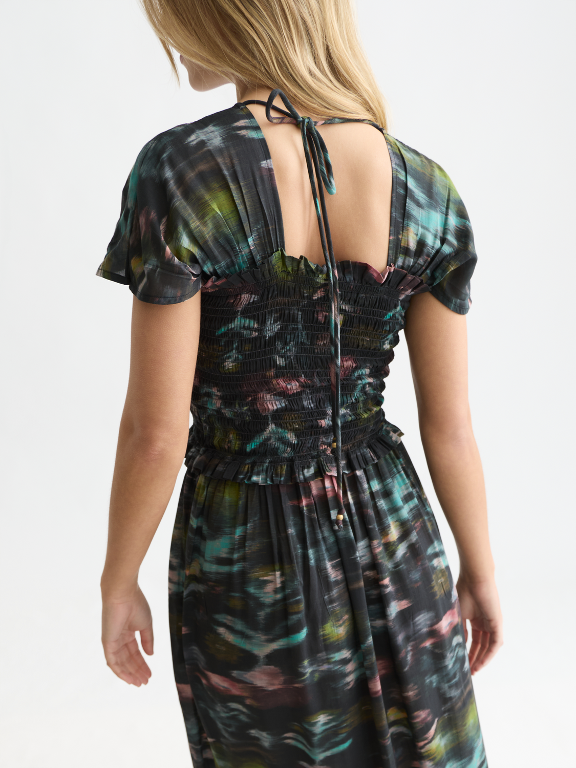 Printed Smocked Ankle Length Dress