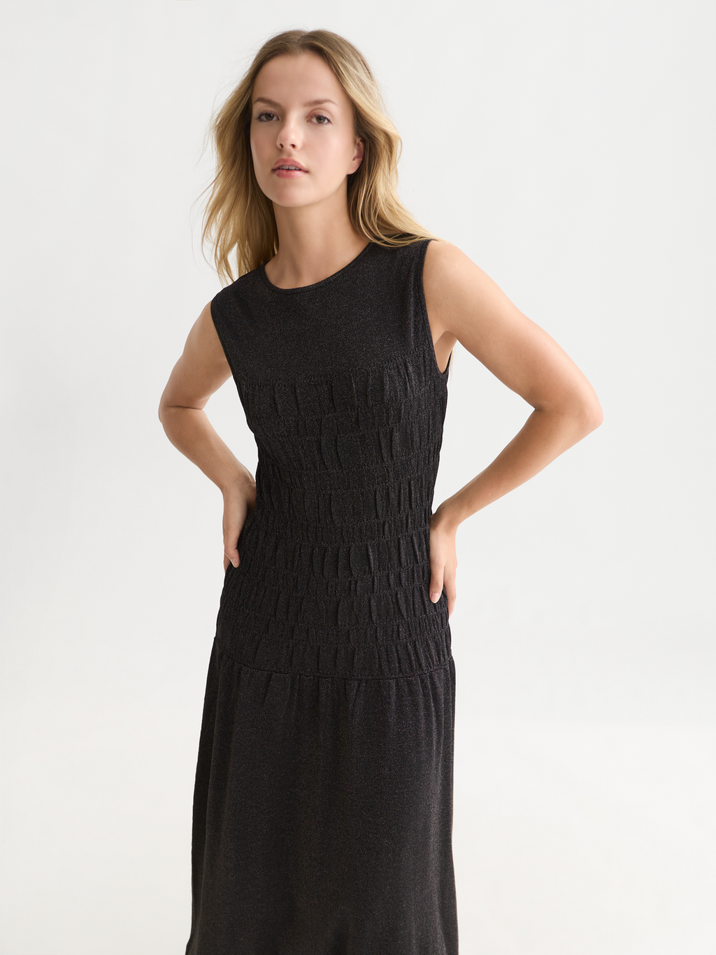 Metallic Knit Smock Stitch Dress