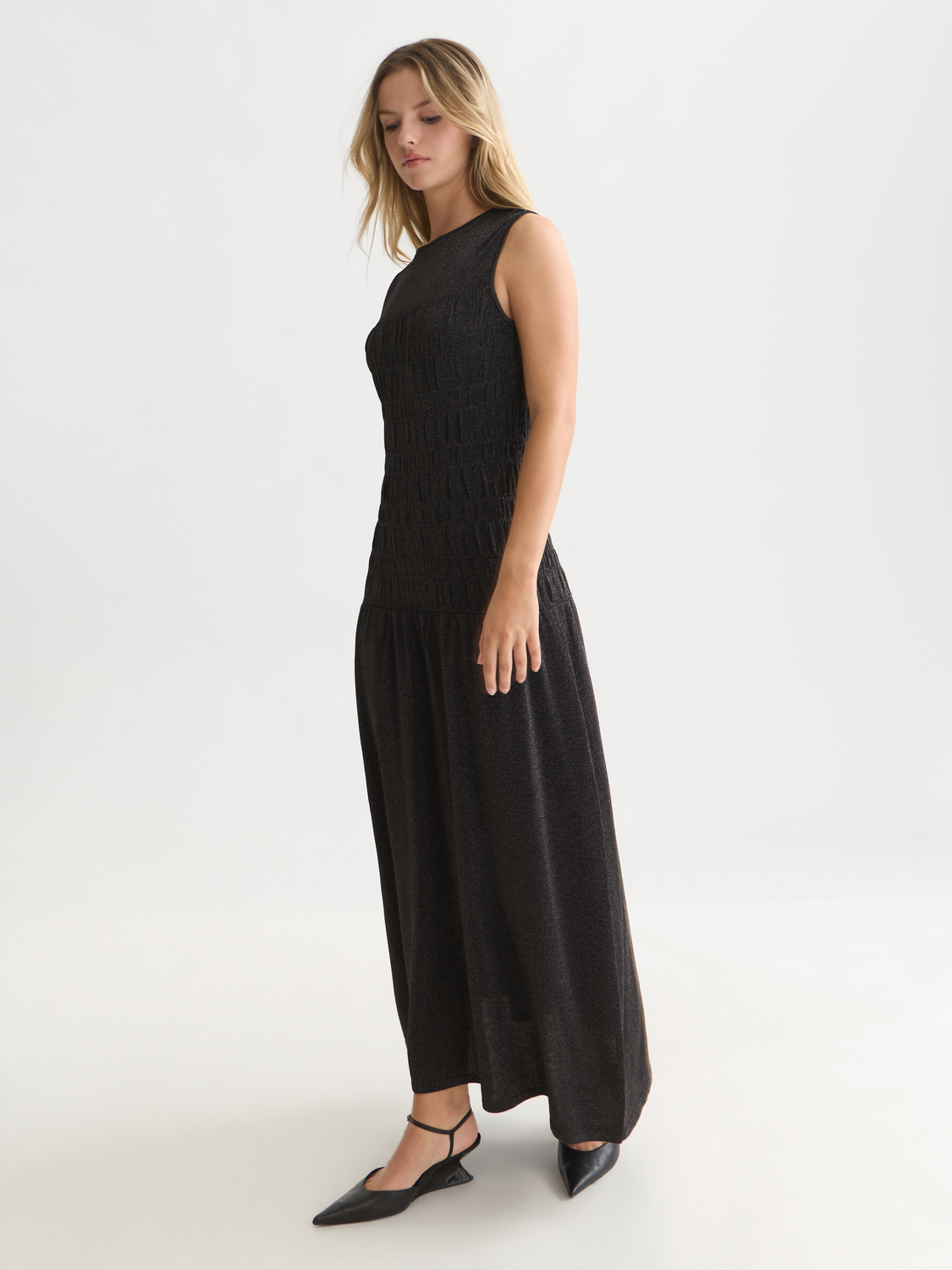 Metallic Knit Smock Stitch Dress