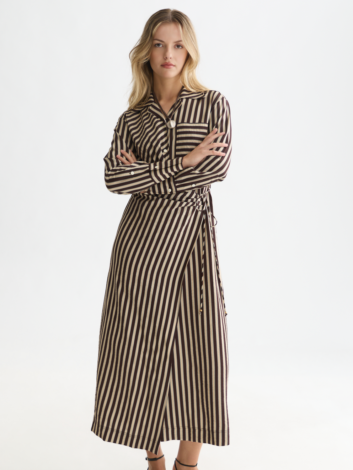 Striped Wrap Ankle Length Dress