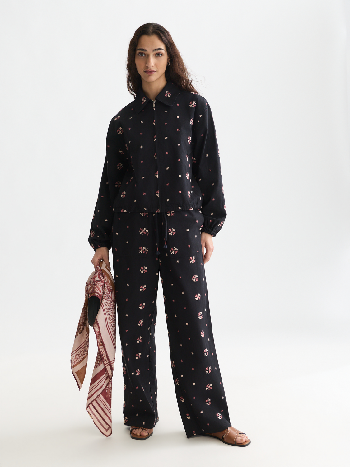 Noa High-Rise Wide-Leg Embroidered Pull-On Pants