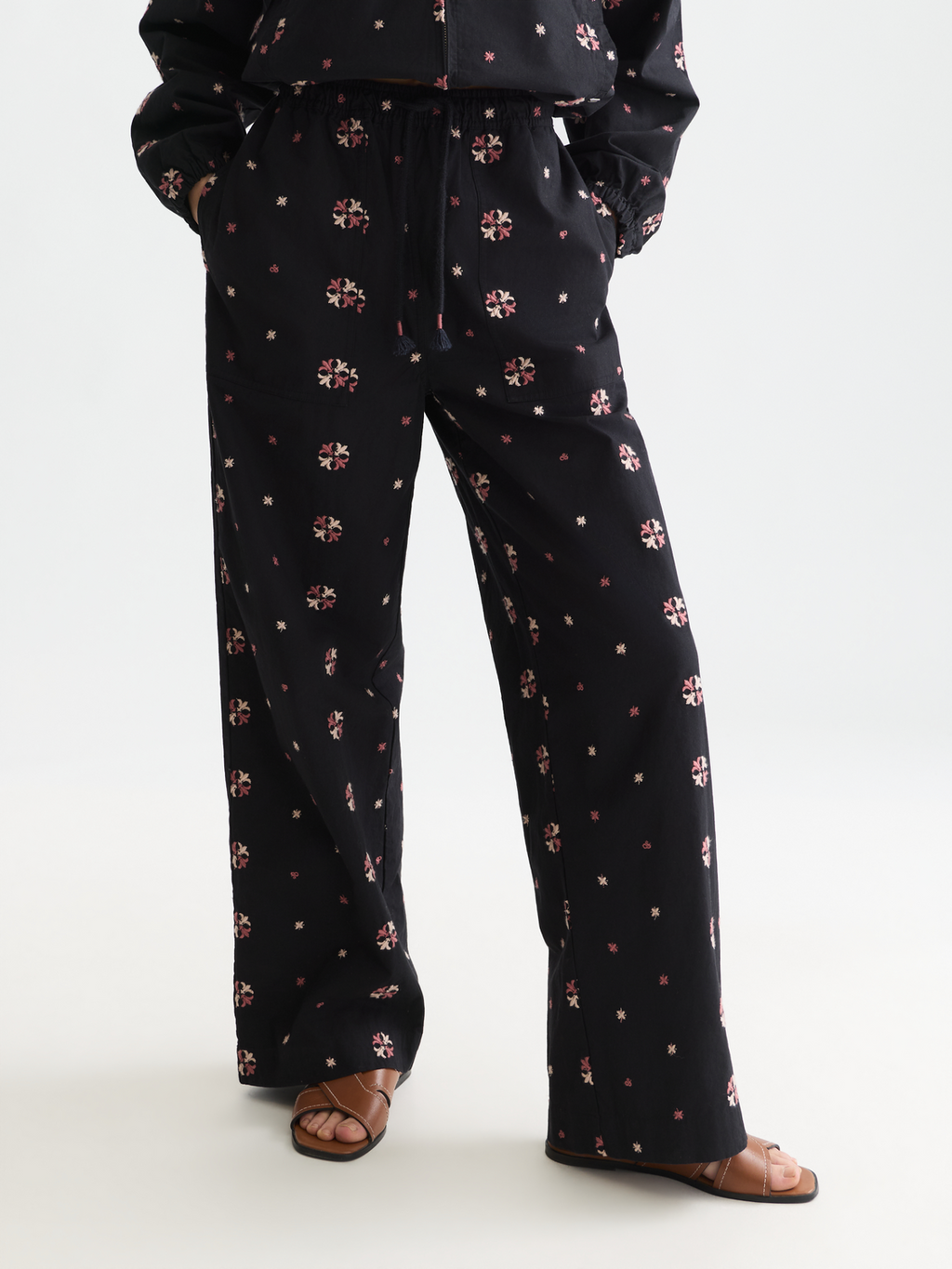 Noa High-Rise Wide-Leg Embroidered Pull-On Pants