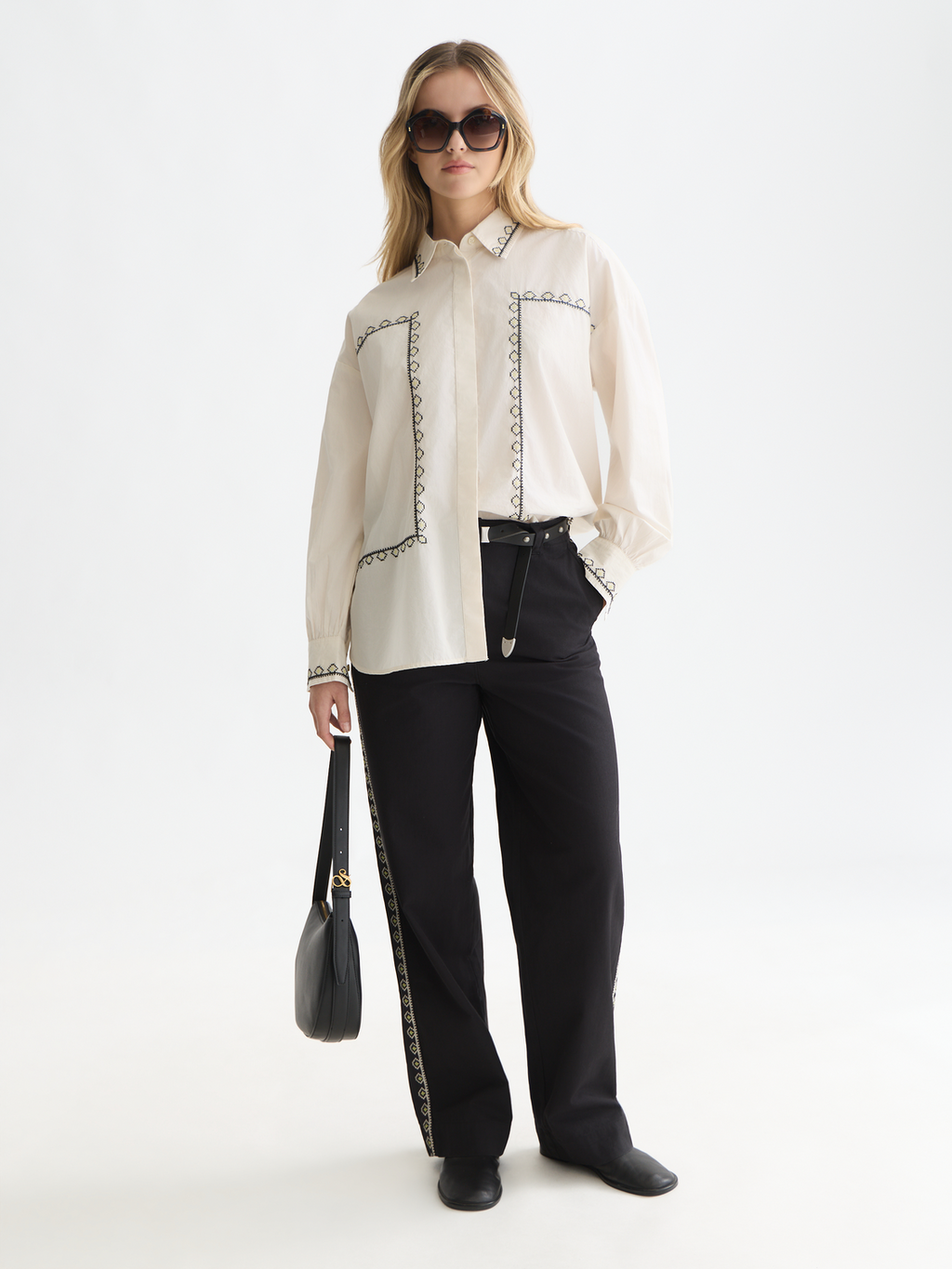 Cleo - High-Rise Wide-Leg Embroidered Workwear Pants