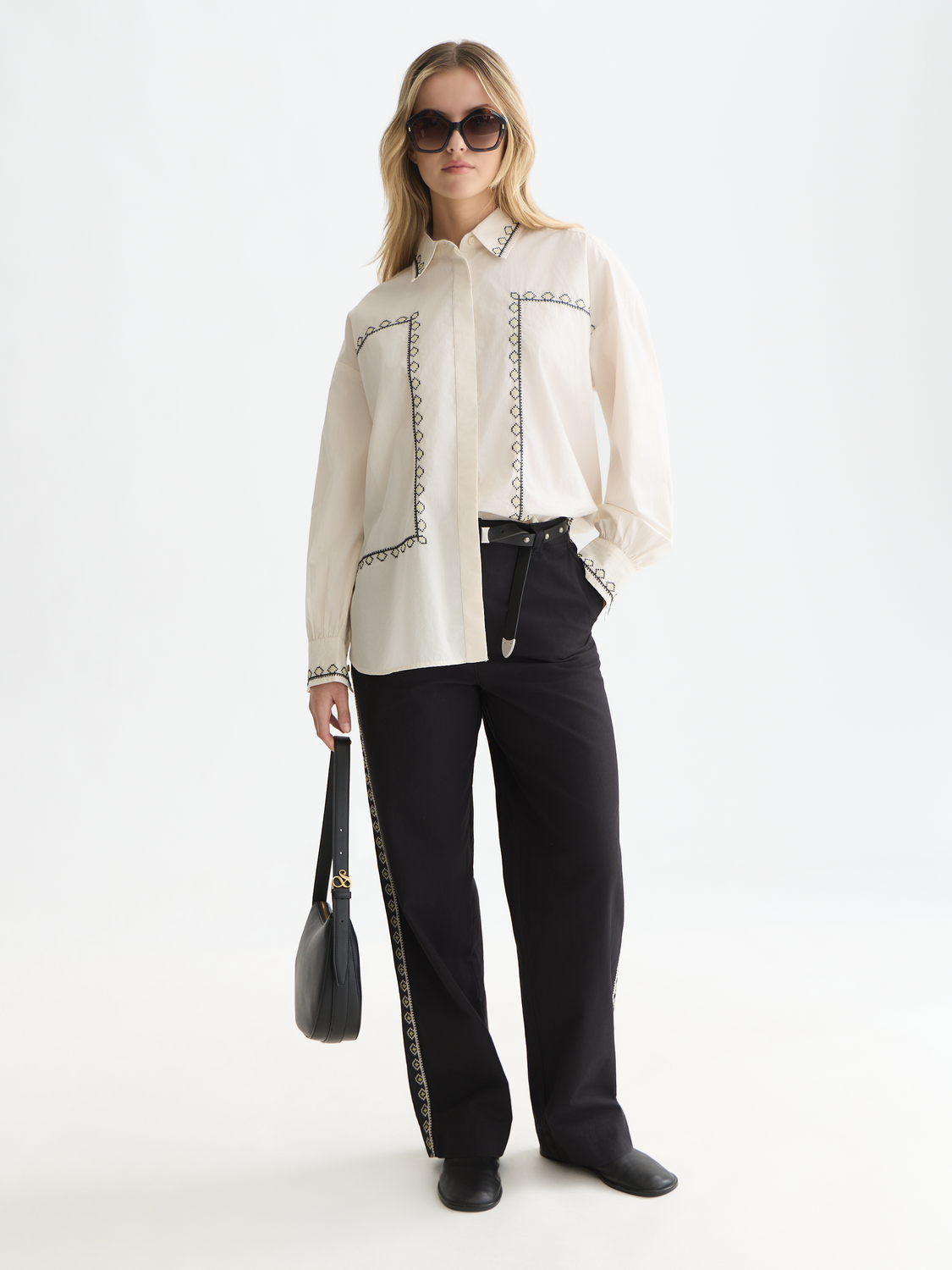 Cleo - High-Rise Wide-Leg Embroidered Workwear Pants