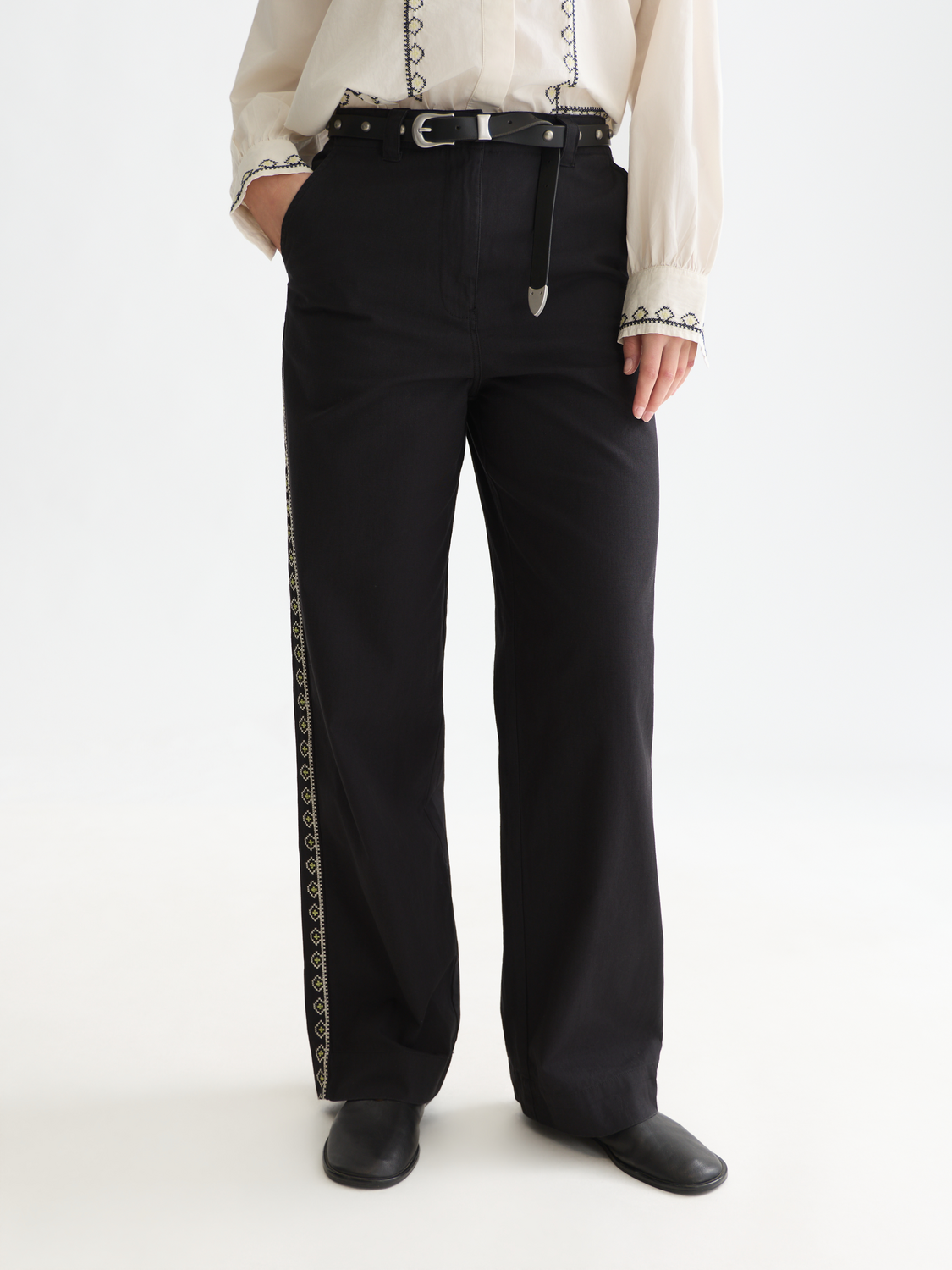 Cleo - High-Rise Wide-Leg Embroidered Workwear Pants