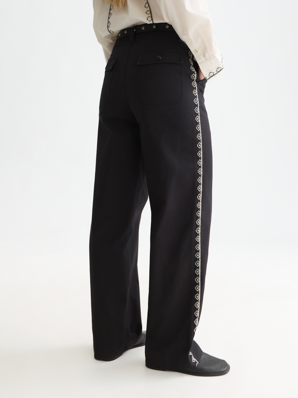 Cleo - High-Rise Wide-Leg Embroidered Workwear Pants