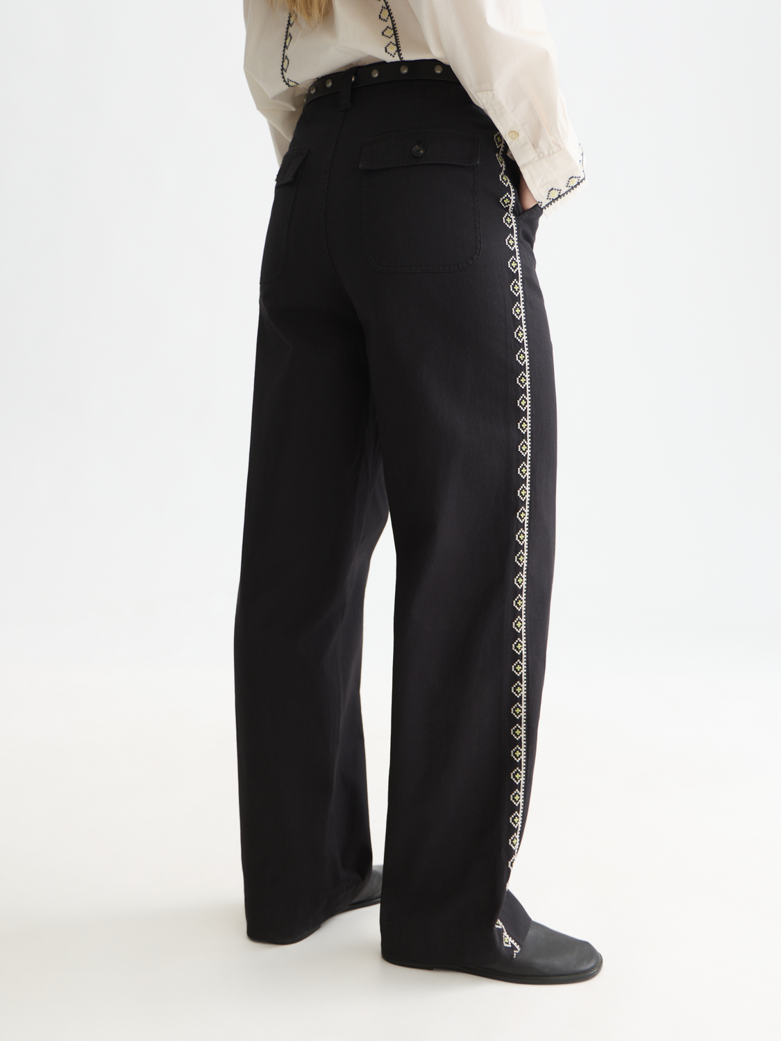 Cleo - High-Rise Wide-Leg Embroidered Workwear Pants