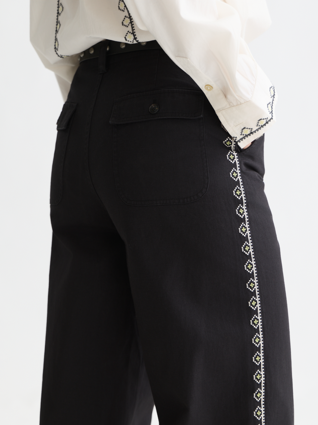 Cleo - High-Rise Wide-Leg Embroidered Workwear Pants