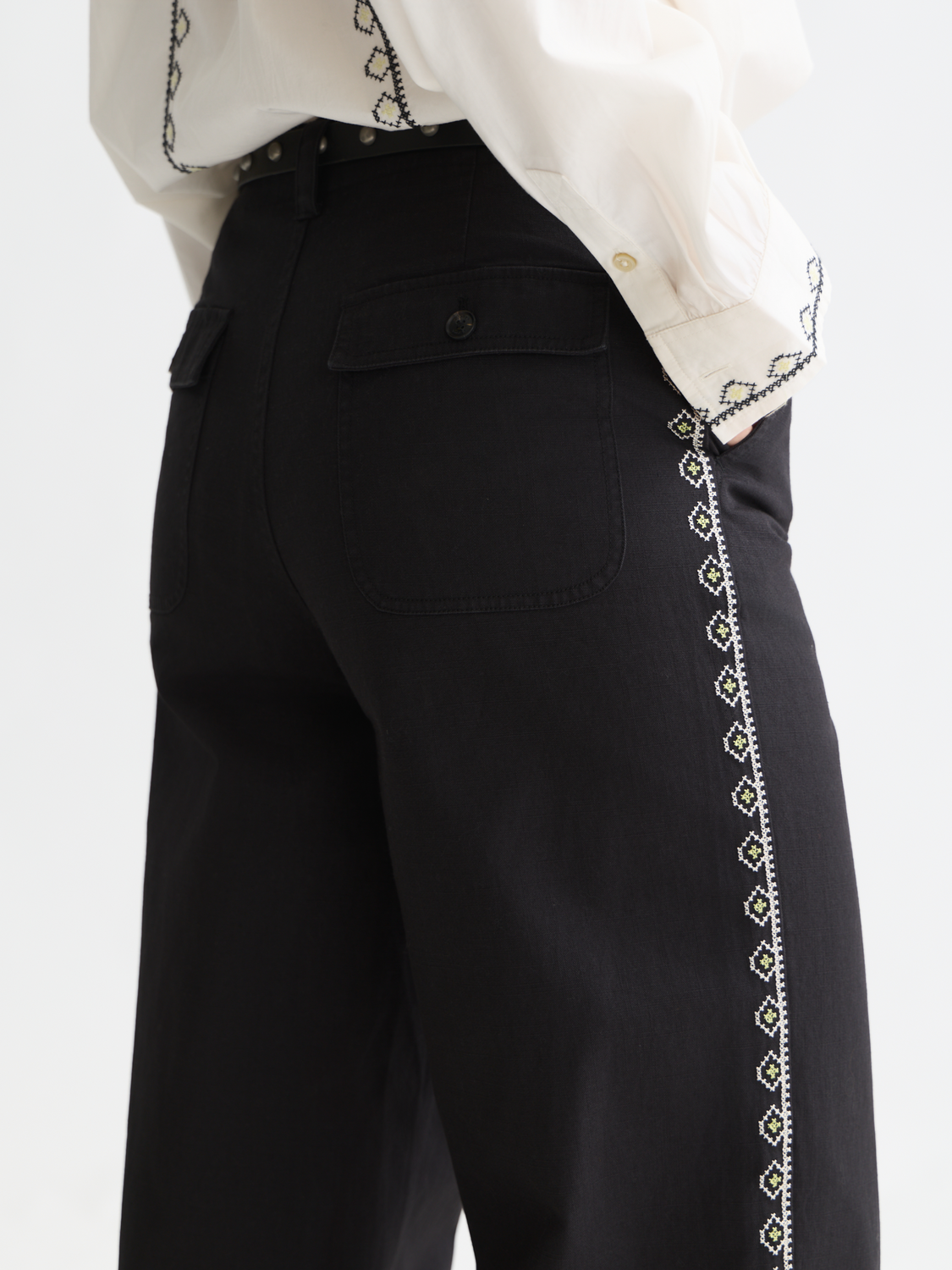 Cleo - High-Rise Wide-Leg Embroidered Workwear Pants