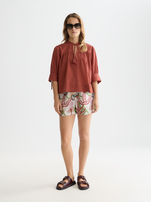 Short en coton et lin à taille élastique